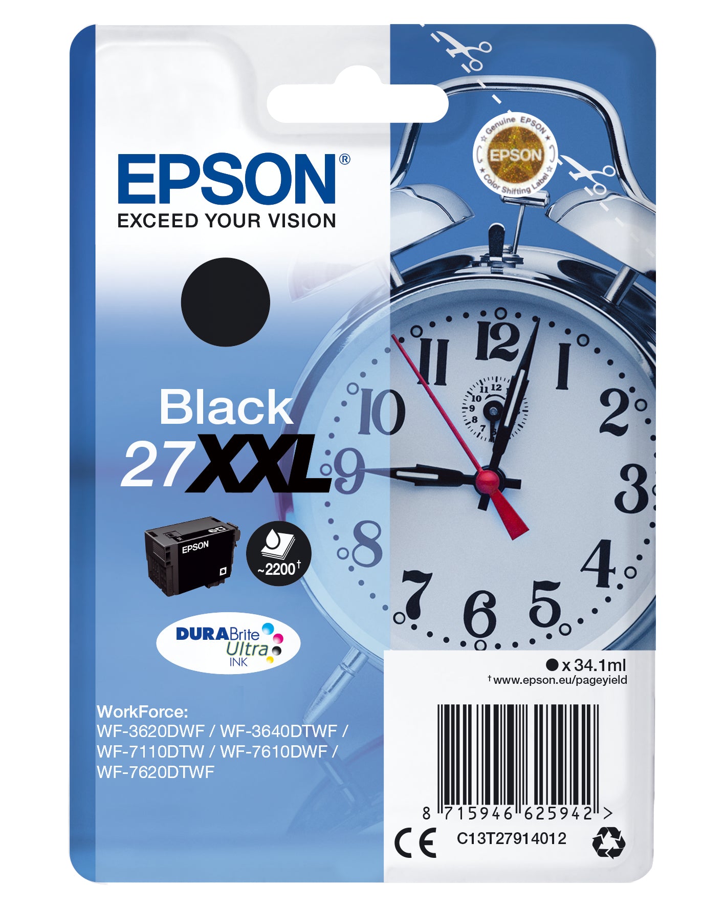 Epson Tintenpatrone 27XXL, Schwarz, 2'200 Seiten – für WorkForce WF-7720DTWF, WF-7715DWF, WF-7710DWF und andere