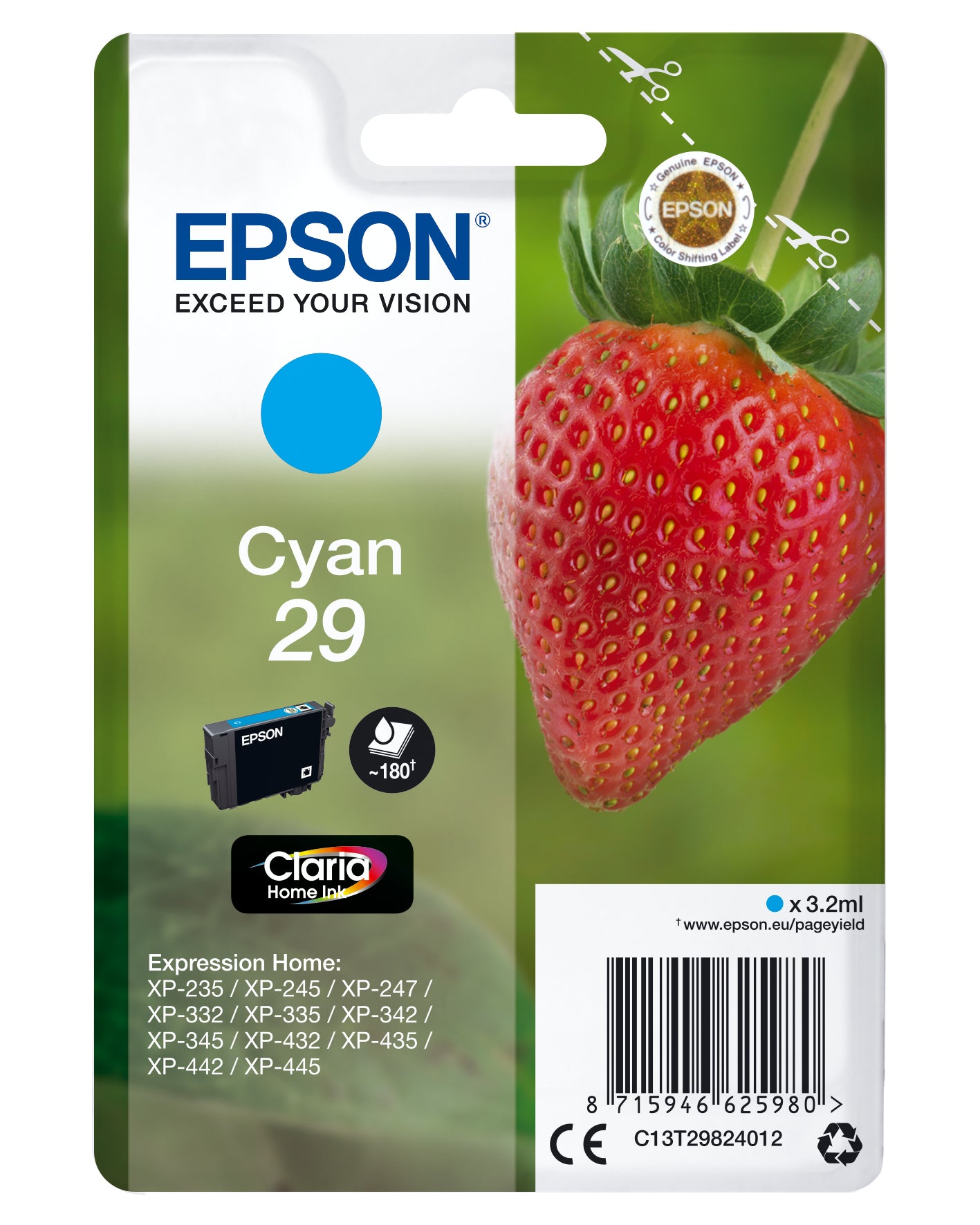 Epson 29 Cyan Tintenpatrone (Original) – 180 Seiten – für Epson Expression Home XP-455/452/445 …