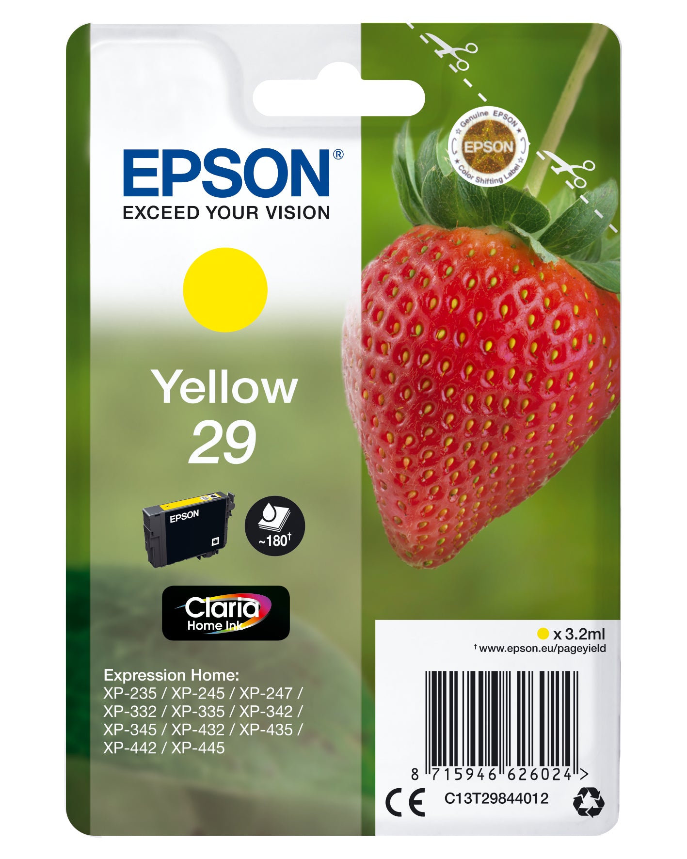 Epson 29 Gelbe Tintenpatrone (Original) – 180 Seiten – für Expression Home XP-455/452 – C13T29844012