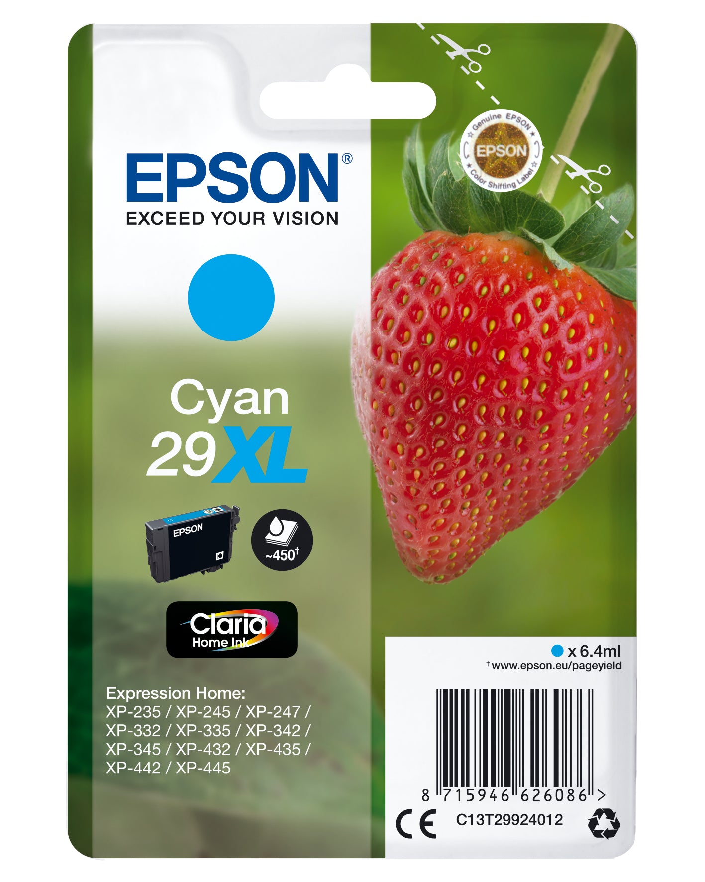 Epson Tintenpatrone C13T29924012, Cyan, XL, 450 Seiten – für Expression Home XP-235, XP-245, XP-247 und andere