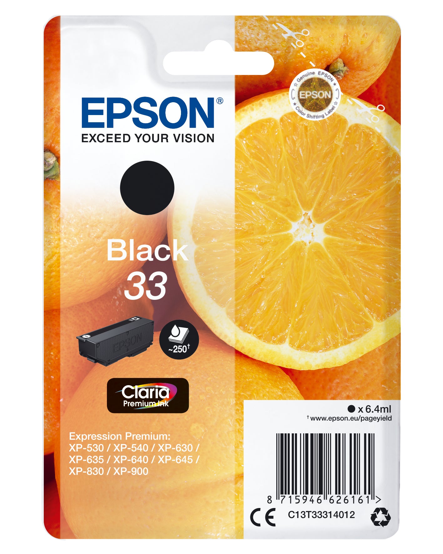 Epson 33 Schwarz Tintenpatrone (Original) – 250 Seiten – für Epson Expression Premium XP-900/XP-830/XP-645
