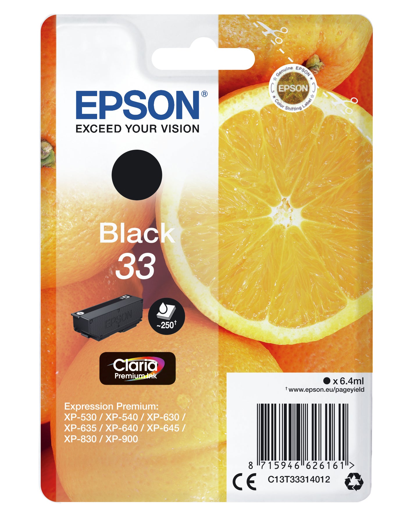 Epson 33 Schwarz Tintenpatrone (Original) – 250 Seiten – für Epson Expression Premium XP-900/XP-830/XP-645