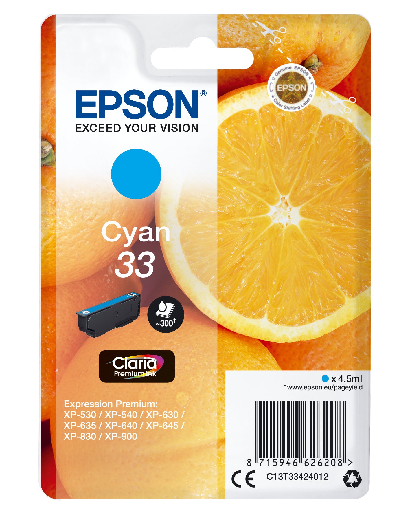 Epson 33 Cyan Tintenpatrone (Original) – 300 Seiten – für Expression Premium XP-530/630/830 – C13T33424012