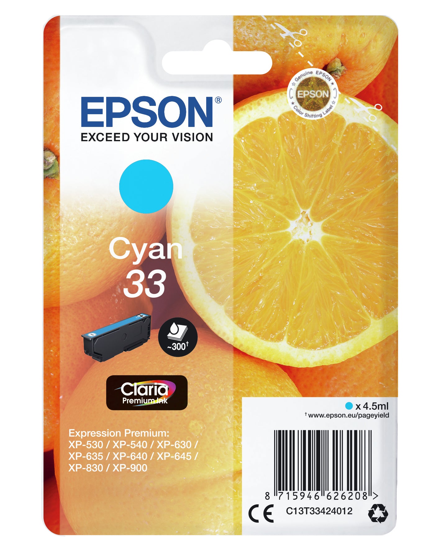 Epson 33 Cyan Tintenpatrone (Original) – 300 Seiten – für Expression Premium XP-900/XP-830/XP-645 …