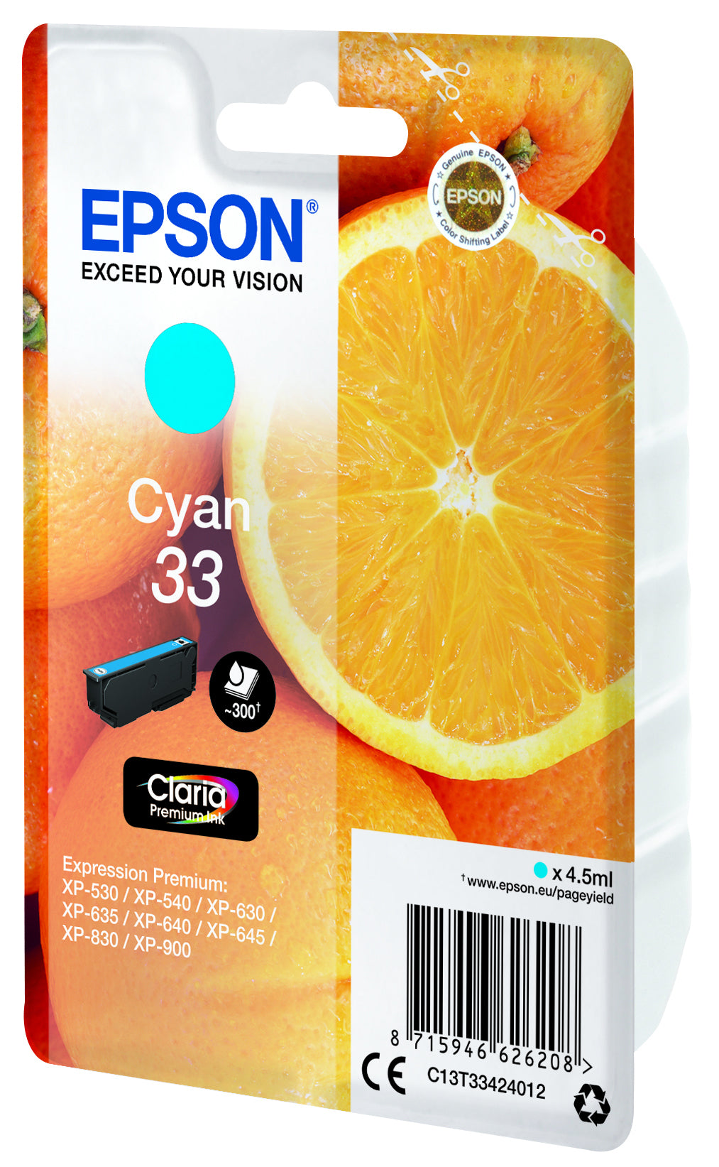 Epson 33 Cyan Tintenpatrone (Original) – 300 Seiten – für Expression Premium XP-900/XP-830/XP-645 …