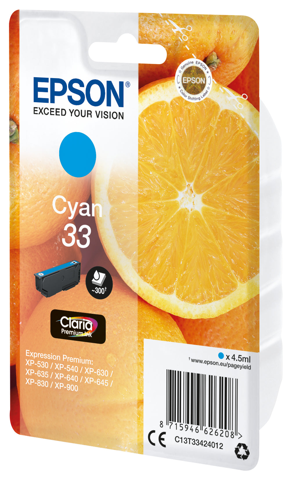 Epson 33 Cyan Tintenpatrone (Original) – 300 Seiten – für Expression Premium XP-900/XP-830/XP-645 …