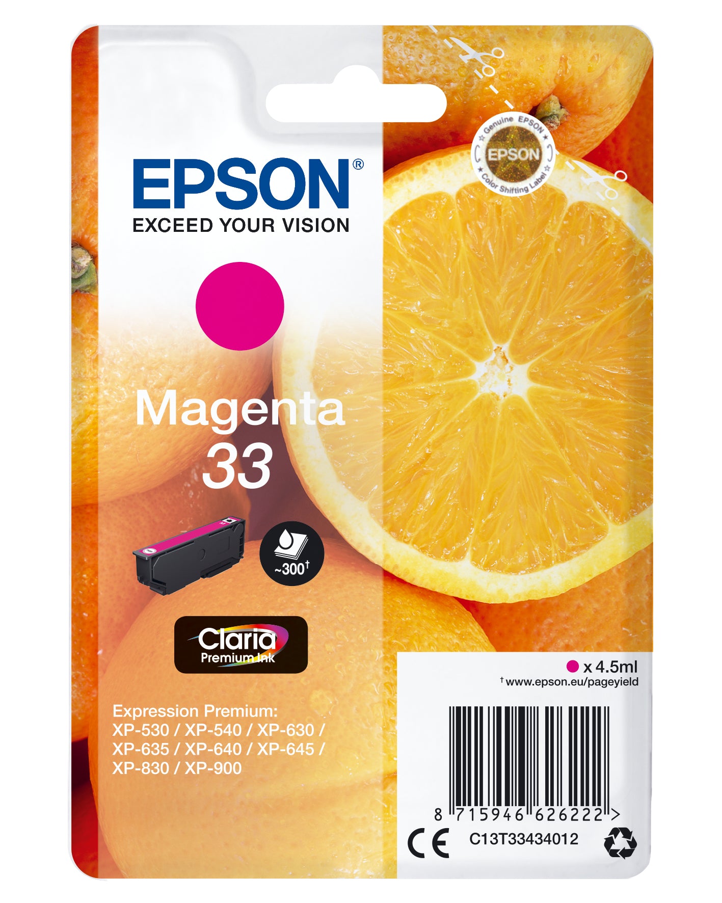 Epson 33 Magenta Tintenpatrone (Original) – 300 Seiten – für Expression Premium XP-900/XP-830/XP-645 …