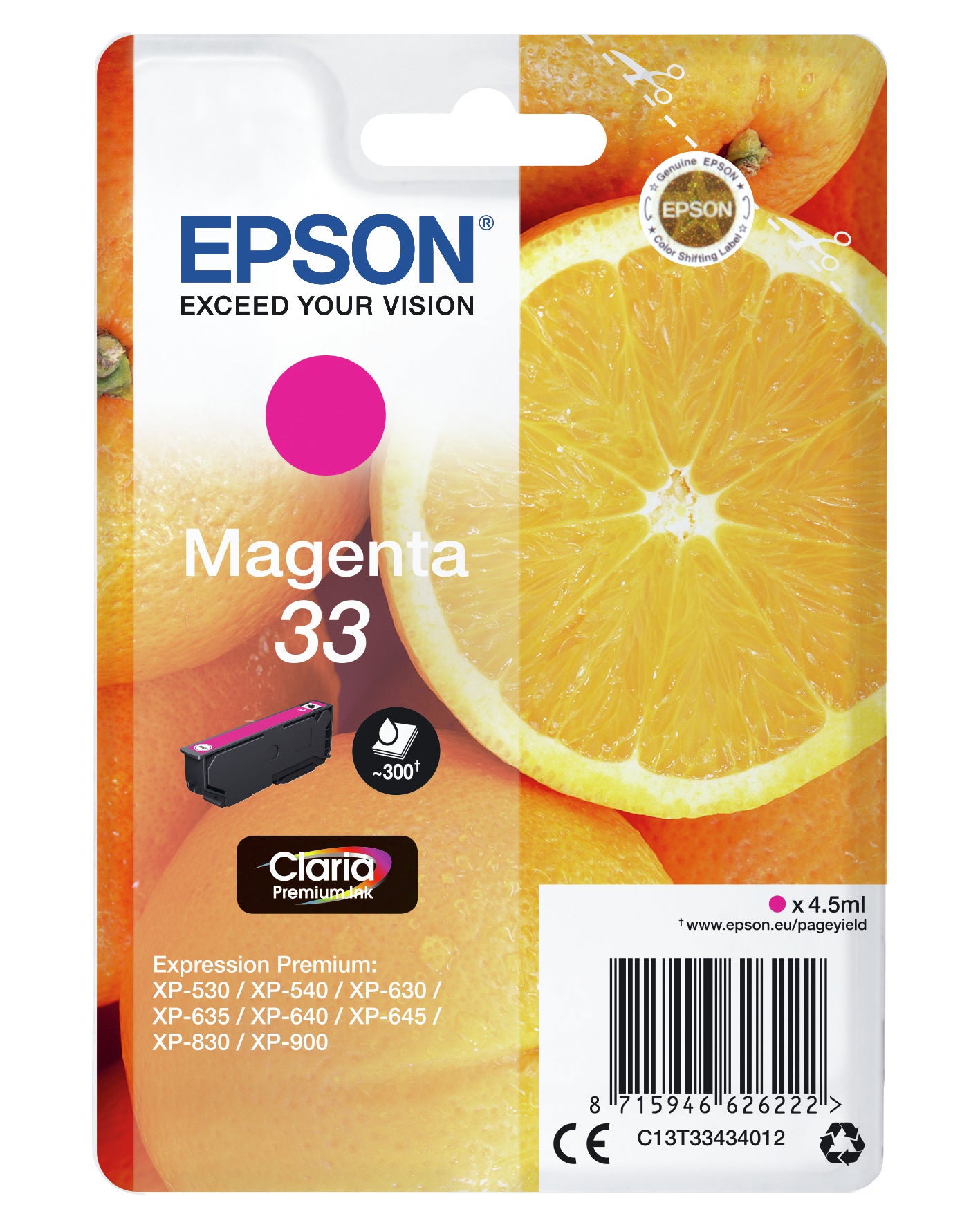 Epson 33 Magenta Tintenpatrone (Original) – 300 Seiten – für Epson Expression Premium XP-900/XP-830/XP-645 …
