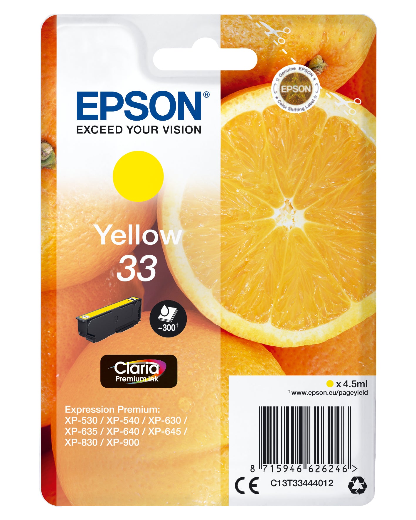 Epson Gelbe Tintenpatrone (Original) – 4,5 ml – für Expression Premium XP-900/XP-830/XP-645 … – C13T33444022