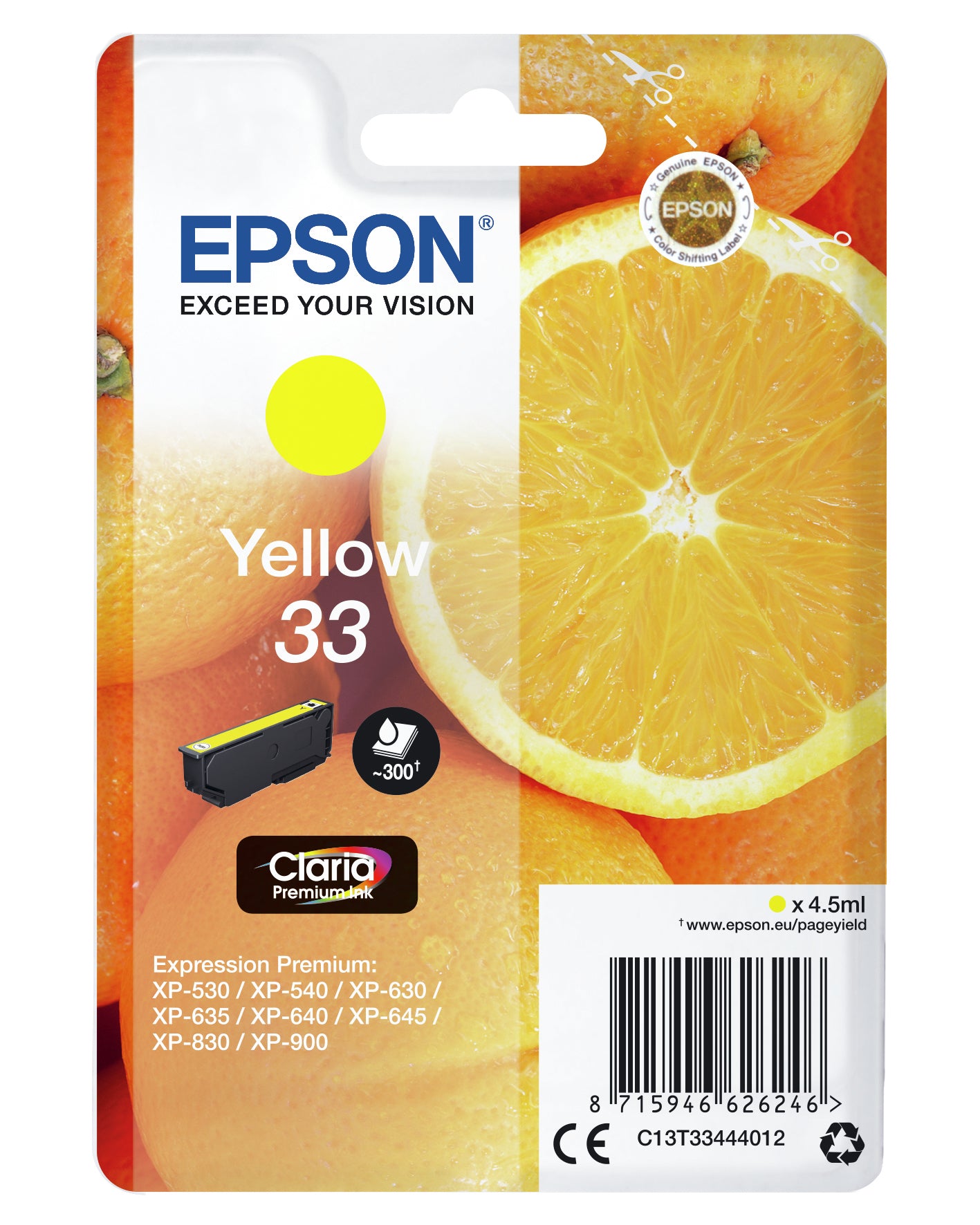 Epson Gelbe Tintenpatrone (Original) – 4,5 ml – für Expression Premium XP-900/XP-830/XP-645 … – C13T33444022