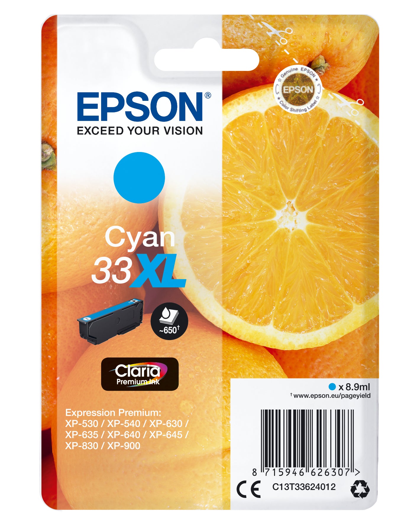 Epson 33XL Cyan Tintenpatrone (Original) – 650 Seiten – für Epson Expression Premium XP-900/XP-830/XP-645 …