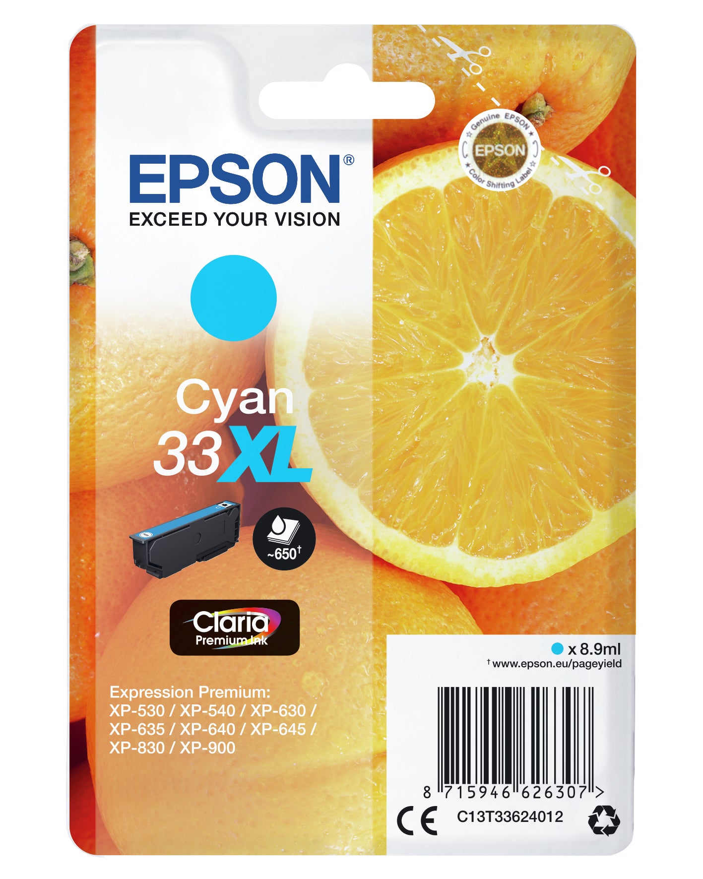 Epson 33XL Cyan Tintenpatrone (Original) – 650 Seiten – für Epson Expression Premium XP-900/XP-830/XP-645 …