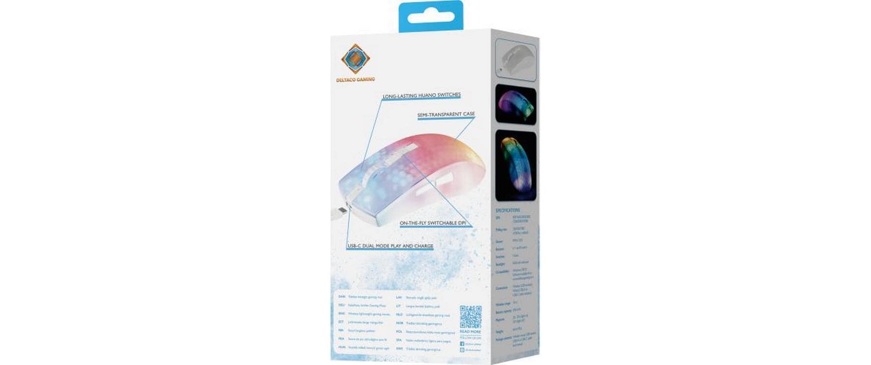 Deltaco Gaming DM320 – Gaming-Maus – Kabellos (Bluetooth/2,4 GHz), 10000 DPI, Rechtshänder, Weiss/Transparent