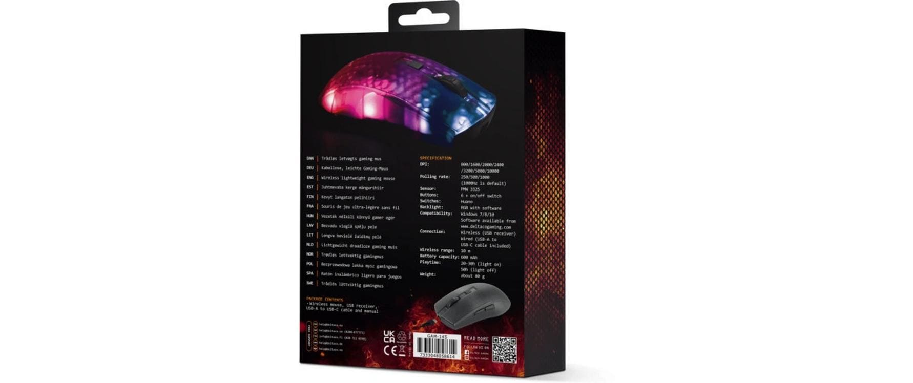 Deltaco Gaming DM320 – Gaming-Maus – Kabellos (2,4 GHz), 10000 DPI, RGB-Beleuchtung, rechts, Schwarz