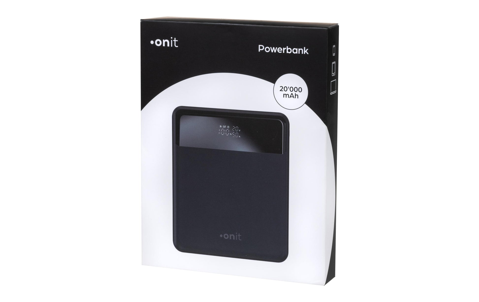 ONIT Powerbank 20000 mAh, PD 100 W, 2× USB-C, Durchgangsladung, Schwarz