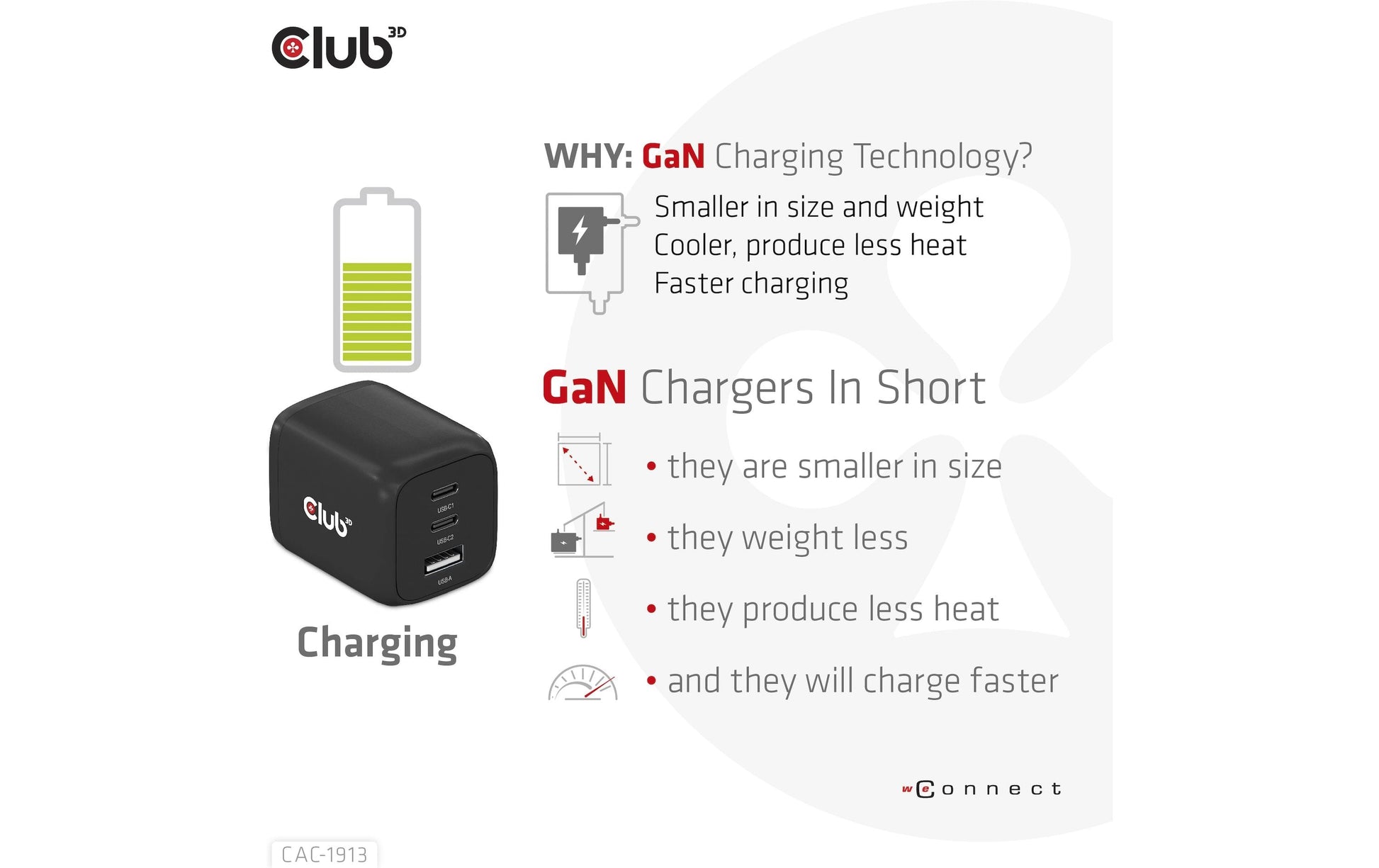 CLUB3D Club 3D CAC-1913EU USB-Ladegerät 65 W – USB-C×2, USB-A×1 – PD, PPS, GaN – Schwarz