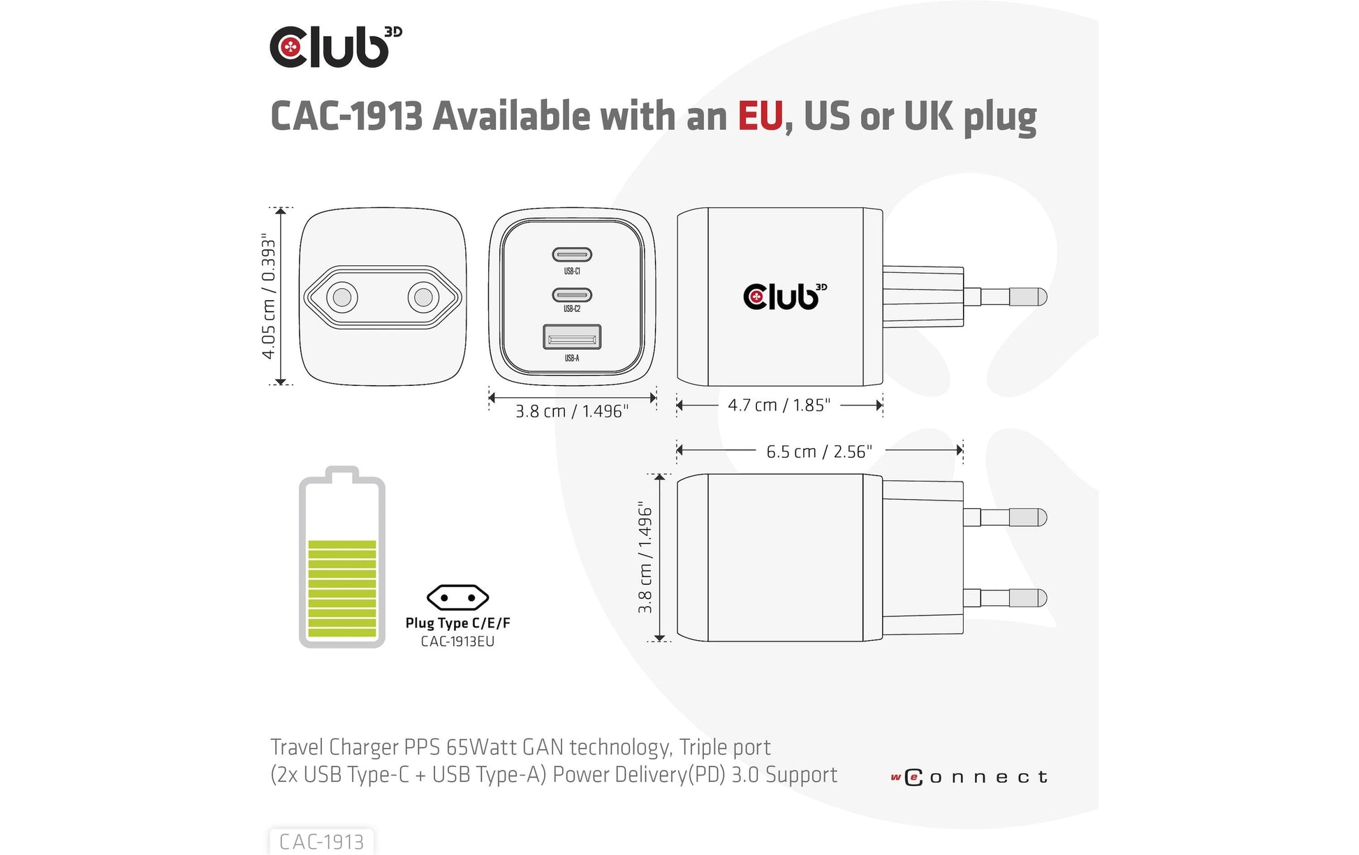 CLUB3D Club 3D CAC-1913EU USB-Ladegerät 65 W – USB-C×2, USB-A×1 – PD, PPS, GaN – Schwarz