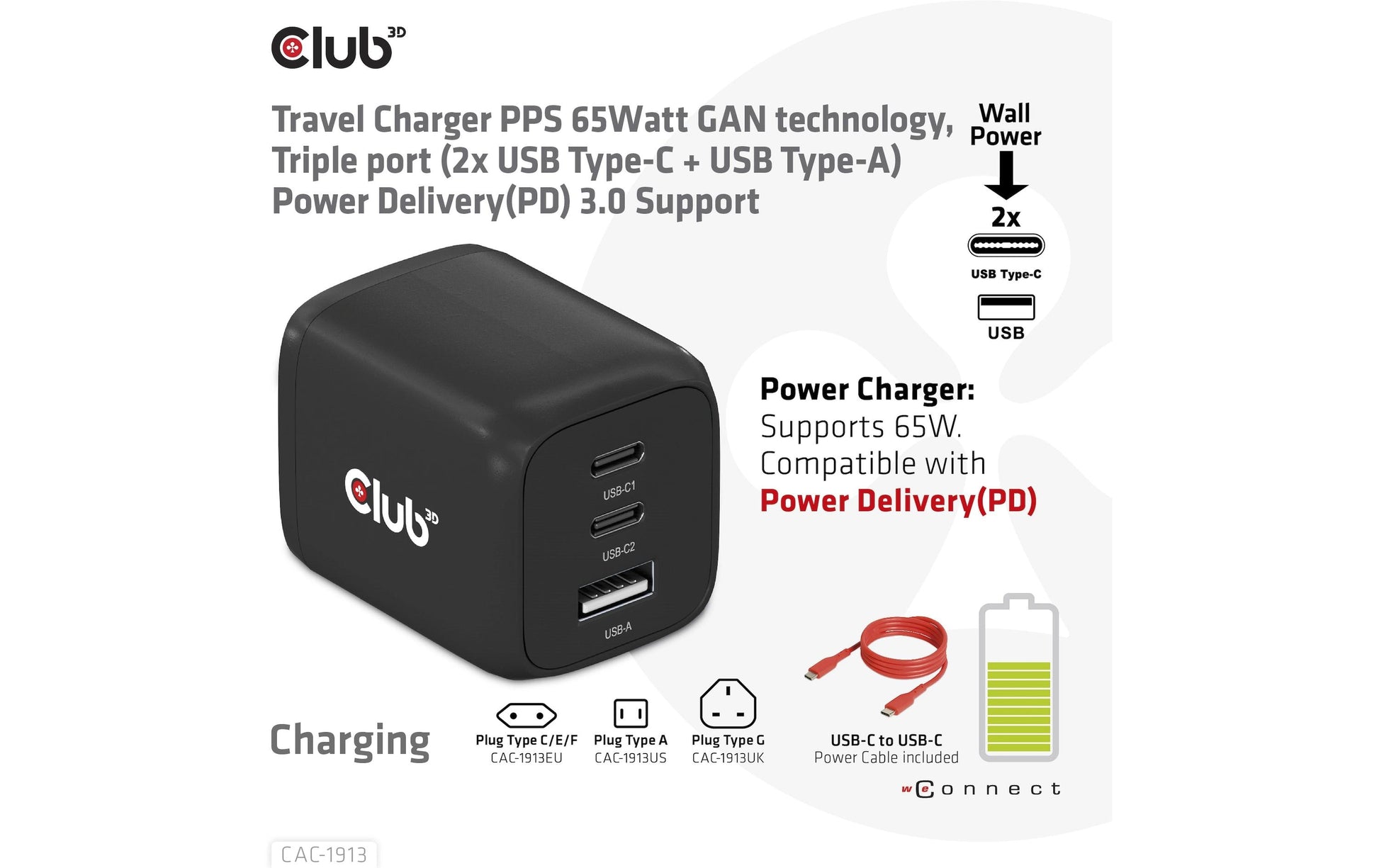CLUB3D Club 3D CAC-1913EU USB-Ladegerät 65 W – USB-C×2, USB-A×1 – PD, PPS, GaN – Schwarz