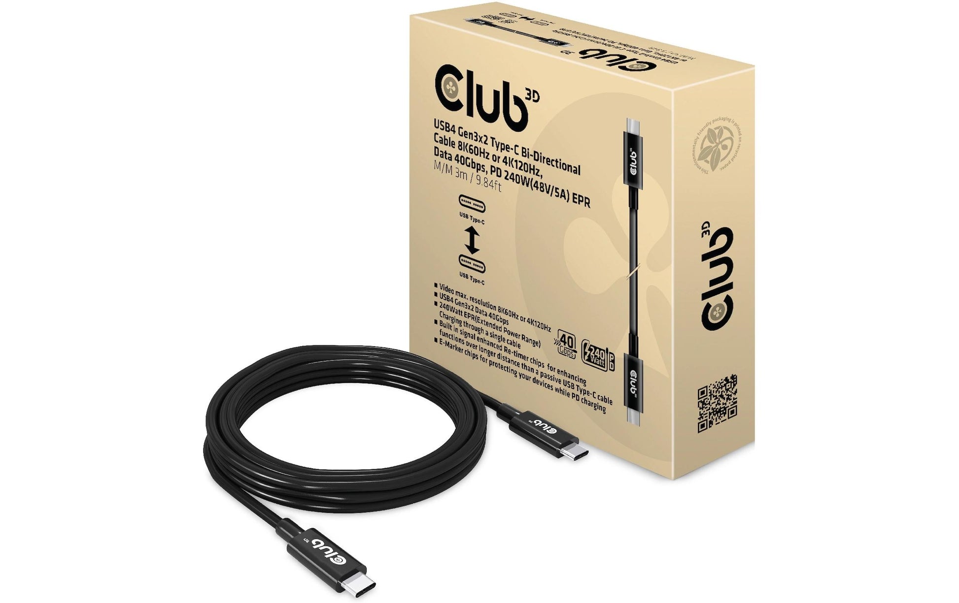 CLUB3D USB-Kabel, USB-C zu USB-C, 3 m, USB4, Lade-/Datenkabel