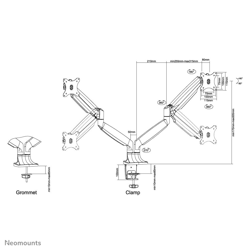 Neomounts Monitorarm, Dual, Klemme/Durchführung, bis 32", VESA 75 × 75/100 × 100 mm, 9 kg, Gasfeder