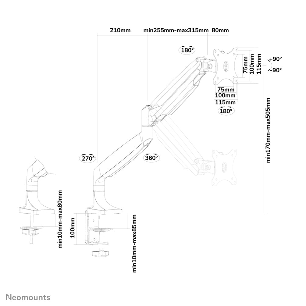 Neomounts Monitorarm, Tischklemme/Tischdurchführung, bis 32", Weiss