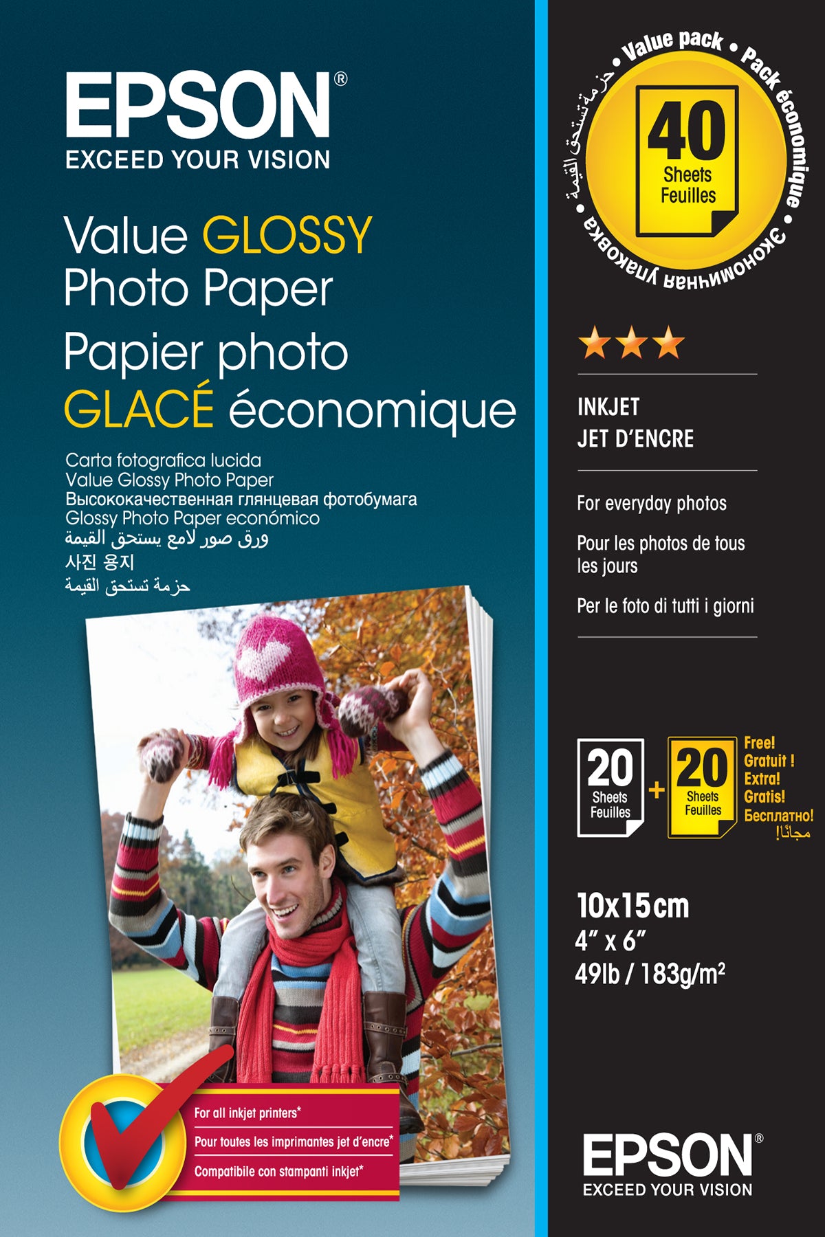 Epson Value Glossy Fotopapier – glänzend, 10 × 15 cm, 183 g/m², 40 Blatt, für Inkjet