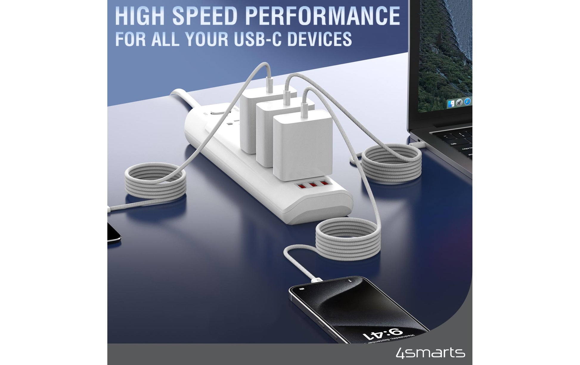 4smarts USB-C auf USB-C Kabel – USB 2.0 (480 Mbit/s) – 1,5 m – PD 100 W – Magnetisch, Geflochten – Weiss