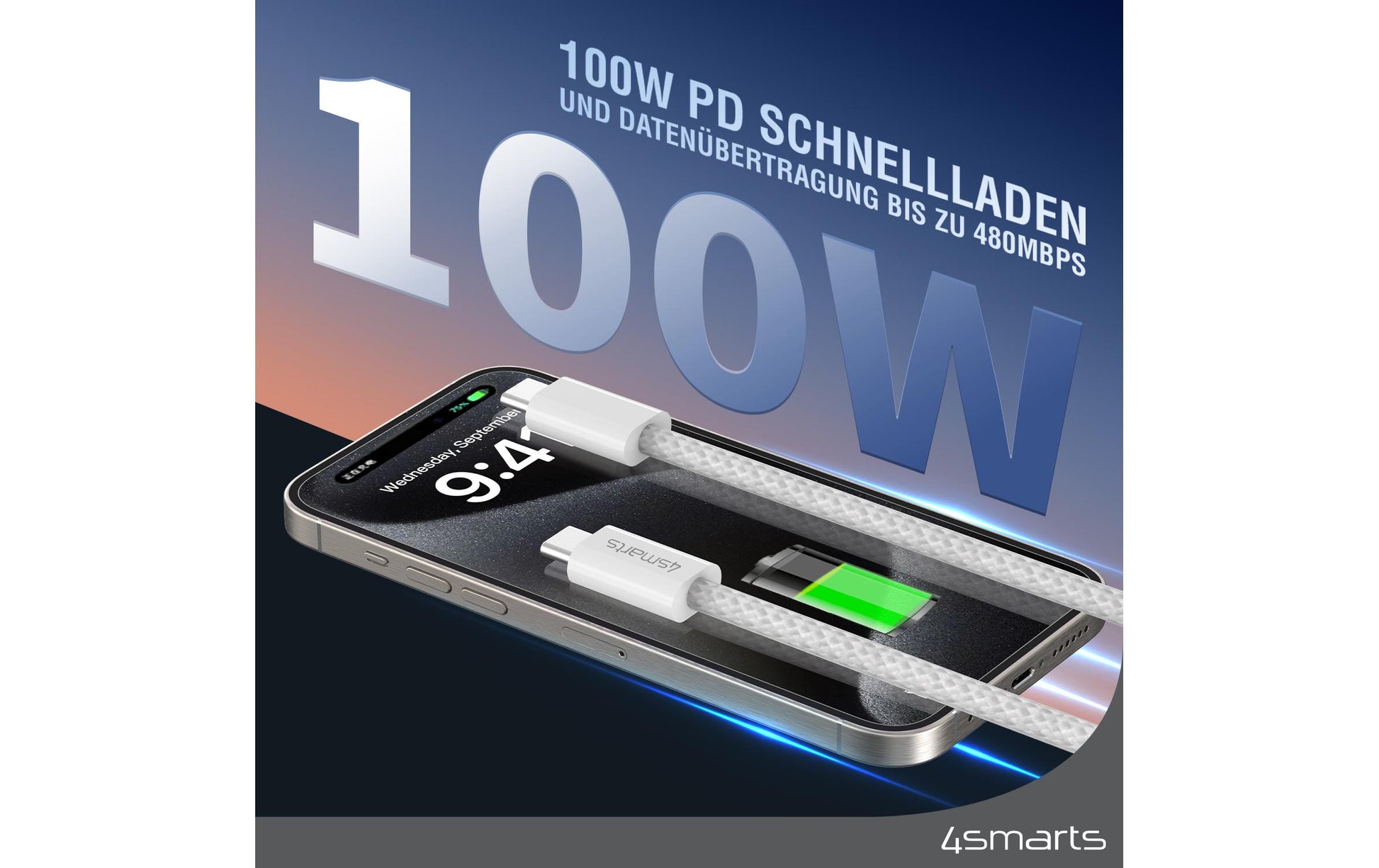4smarts USB-C auf USB-C Kabel – USB 2.0 (480 Mbit/s) – 1,5 m – PD 100 W – Magnetisch, Geflochten – Weiss