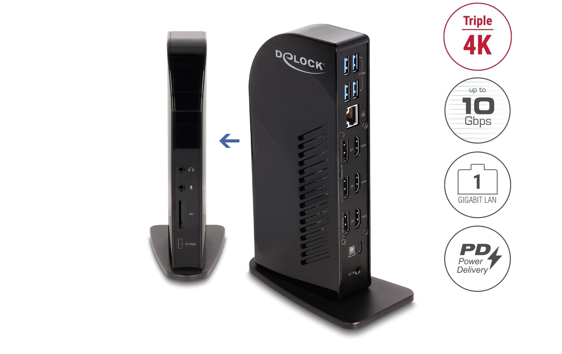 DeLOCK Dockingstation – USB-C, 3× DP, 3× HDMI, 4× USB-A, 96 W PD, GbE, SD, 3,5 mm Audio, für Windows/Mac
