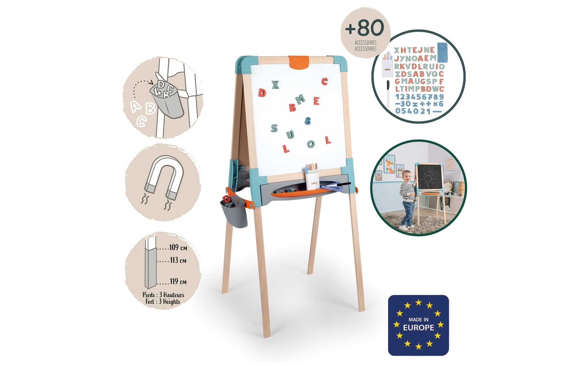 Smoby Kinder-Kreidetafel – 550 × 1'200 mm hoch – Holz, mehrfarbig – inkl. 72 Magnete