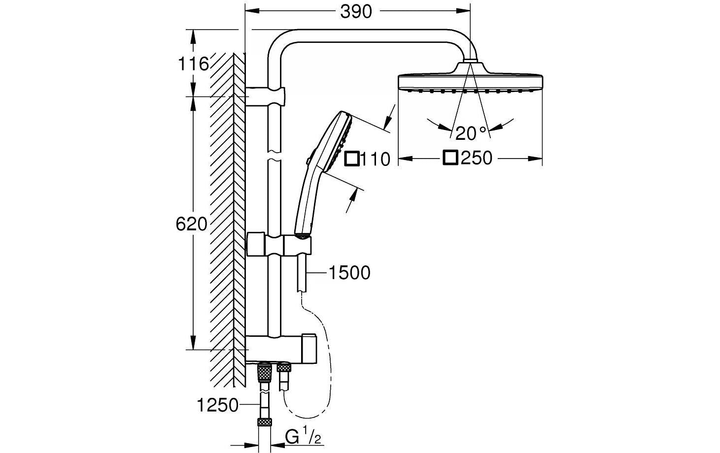 GROHE Duschsystem Vitalio Comfort 250 Flex – Schlauchlänge 125 cm, Kunststoff, Ohne Mischer, Chrom