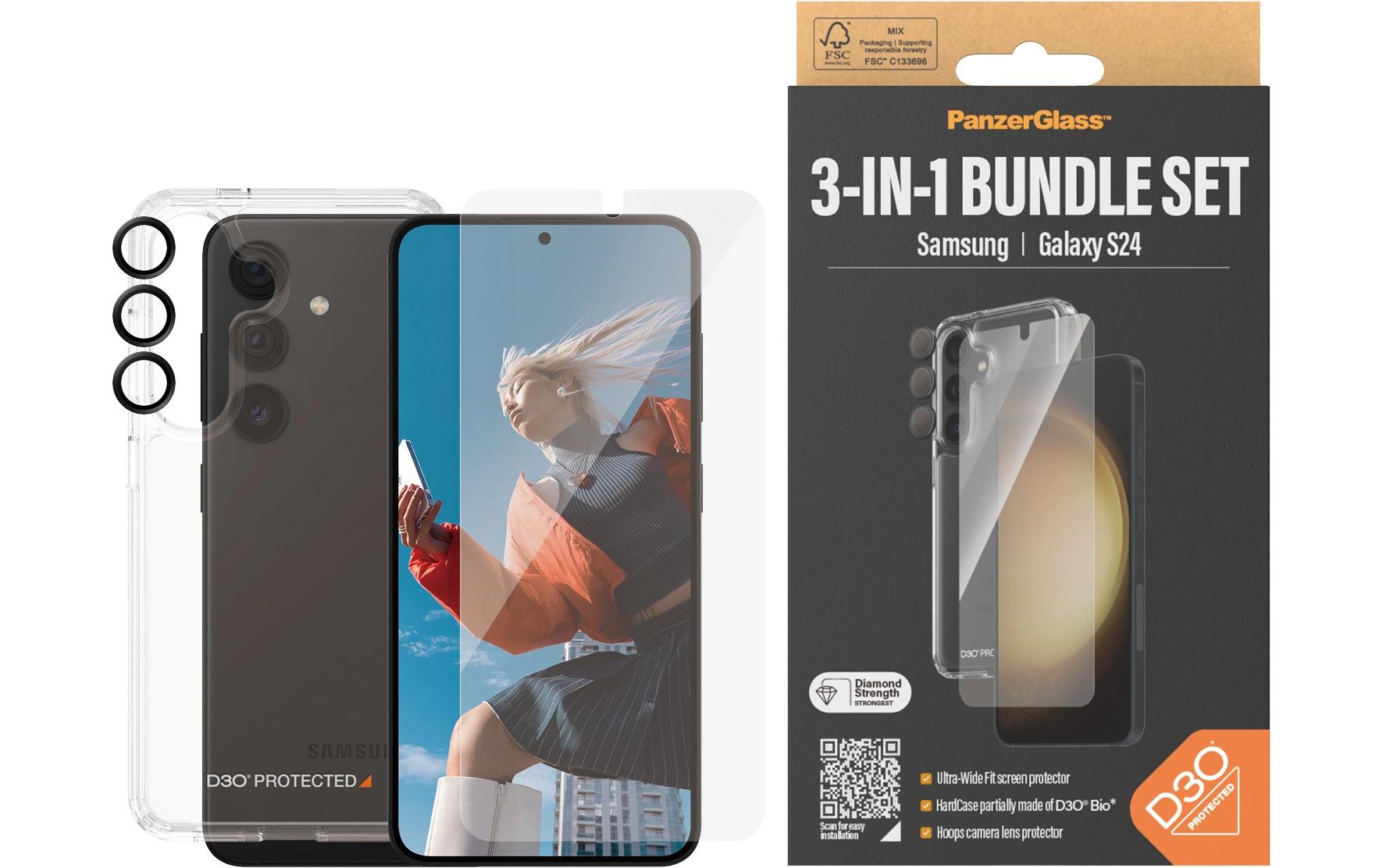 PanzerGlass Schutz-Set 3-in-1 – für Samsung Galaxy S24 – UWF, kratzresistent, Hartglas, transparent