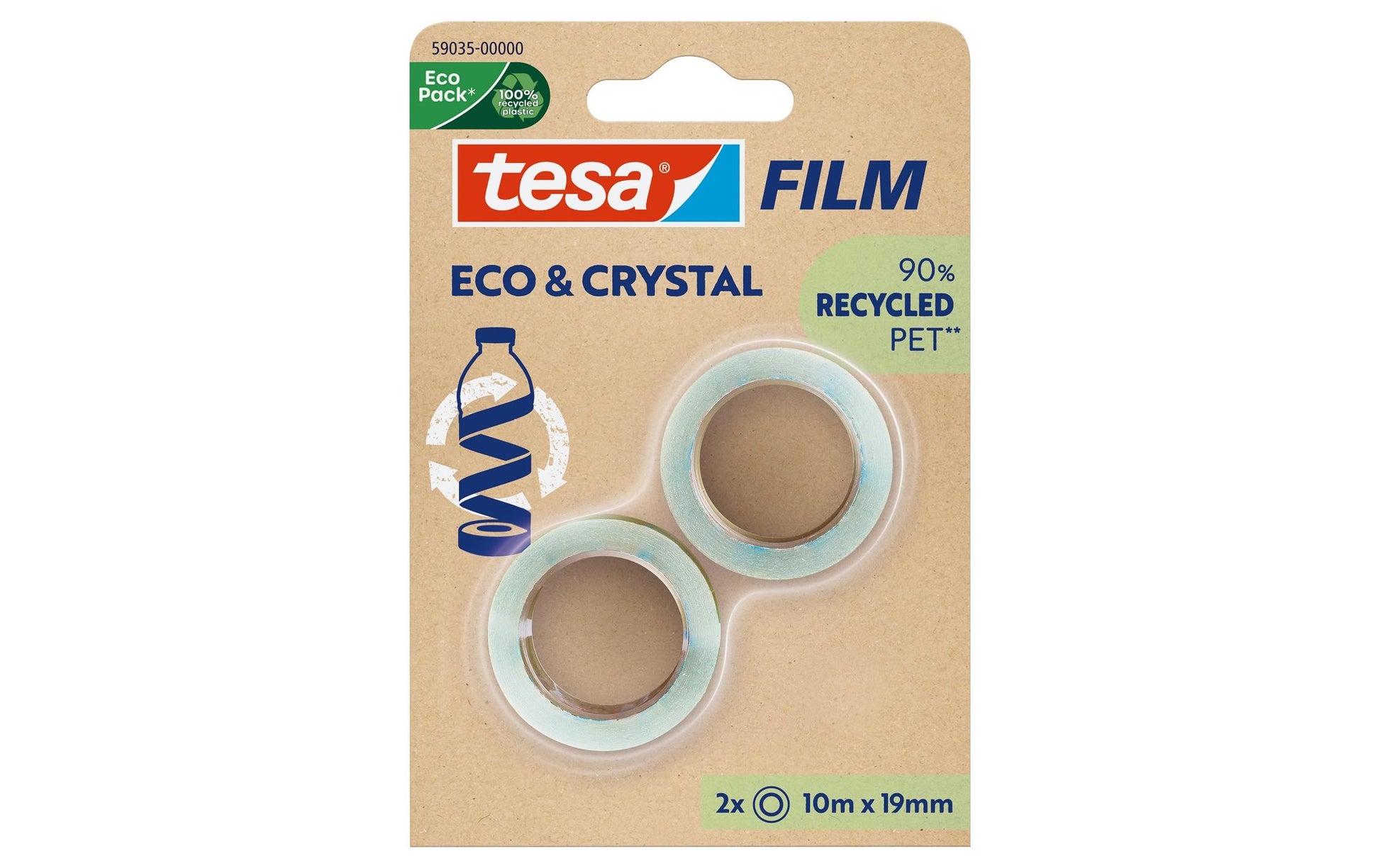 TESA Büro-Klebeband eco & crystal – permanent, Kunststoff, 19 mm × 10 m, 2 Rollen