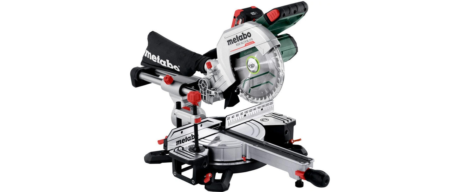 Metabo Kapp- und Gehrungssäge KGS 18 LTX BL 216 – 18 V (CAS) – Sägeblattdurchmesser 216 mm – mit Akku und Ladegerät