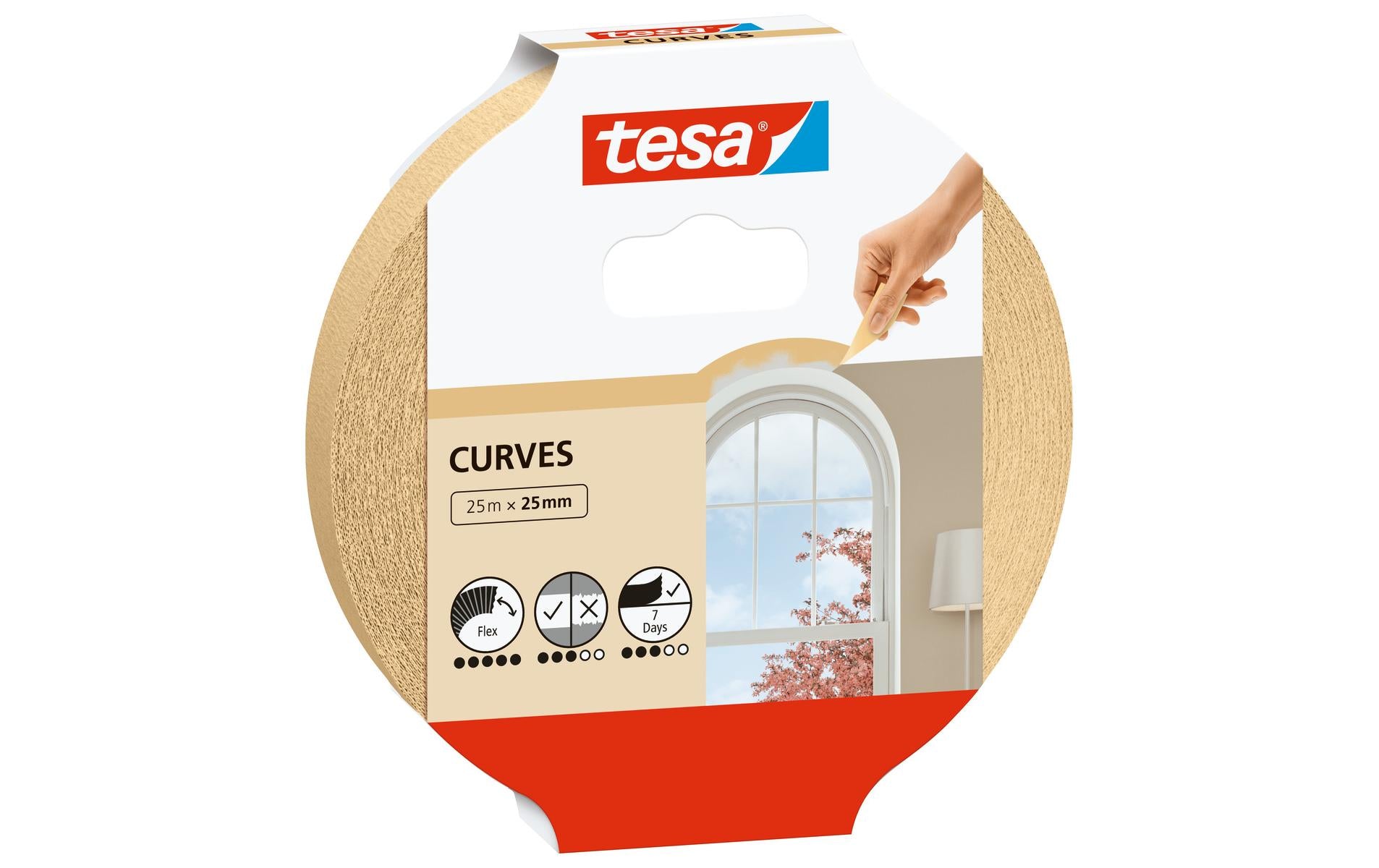 TESA Malerband Masking Tape Curves, braun – 25 mm × 25 m, innen, rückstandsfrei bis 7 Tage