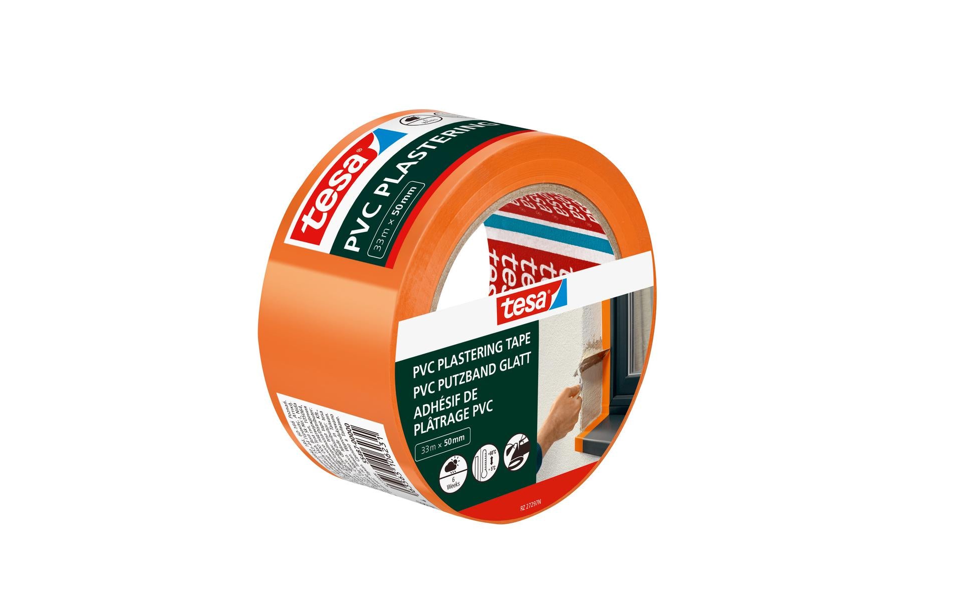TESA Putzband, orange – 50 mm × 33 m, PVC, innen/aussen, temperaturbeständig bis 60 °C