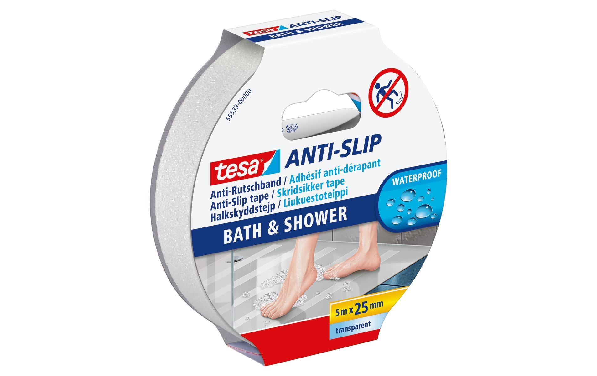 TESA Antirutsch-Badestreifen – 2,5×500 cm, PVC, Transparent
