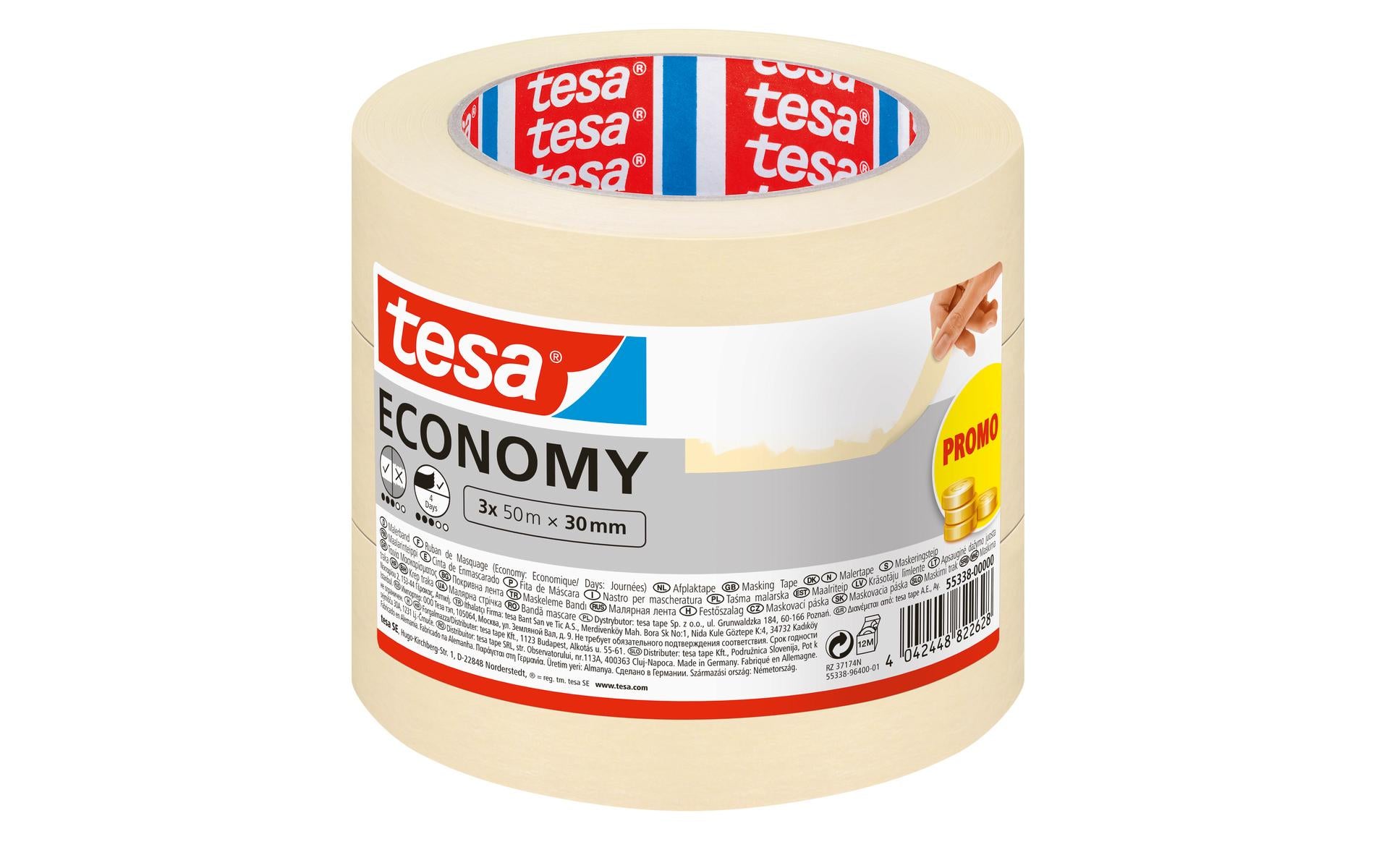 TESA Malerband Economy, beige – 30 mm × 50 m, innen, rückstandsfrei bis 4 Tage, 3 Rollen