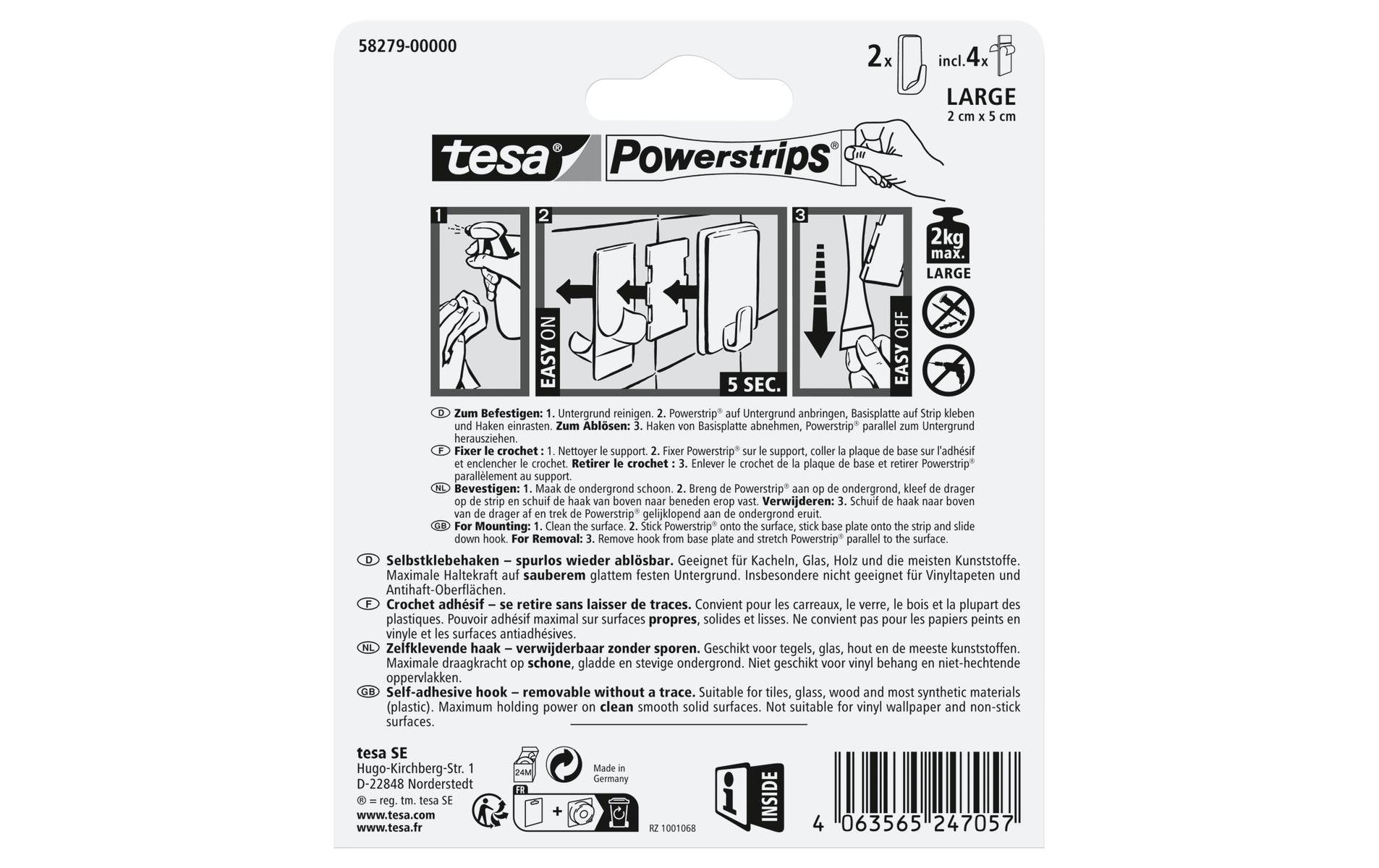 TESA Haken – Polystyrol – schwarz – selbstklebend, leicht entfernbar – 57 × 29 × 21 mm