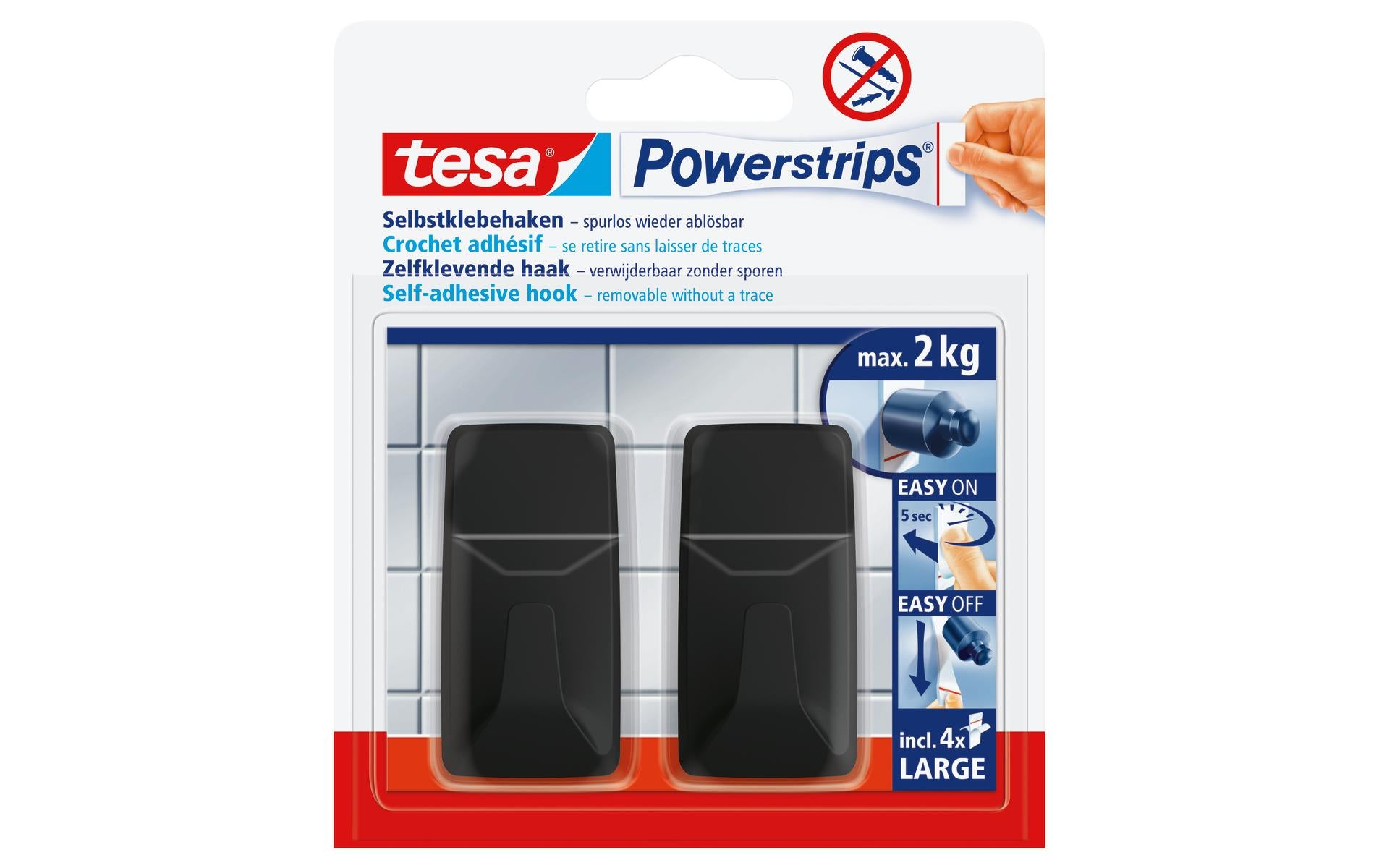 TESA Haken – Polystyrol – schwarz – selbstklebend, leicht entfernbar – 57 × 29 × 21 mm