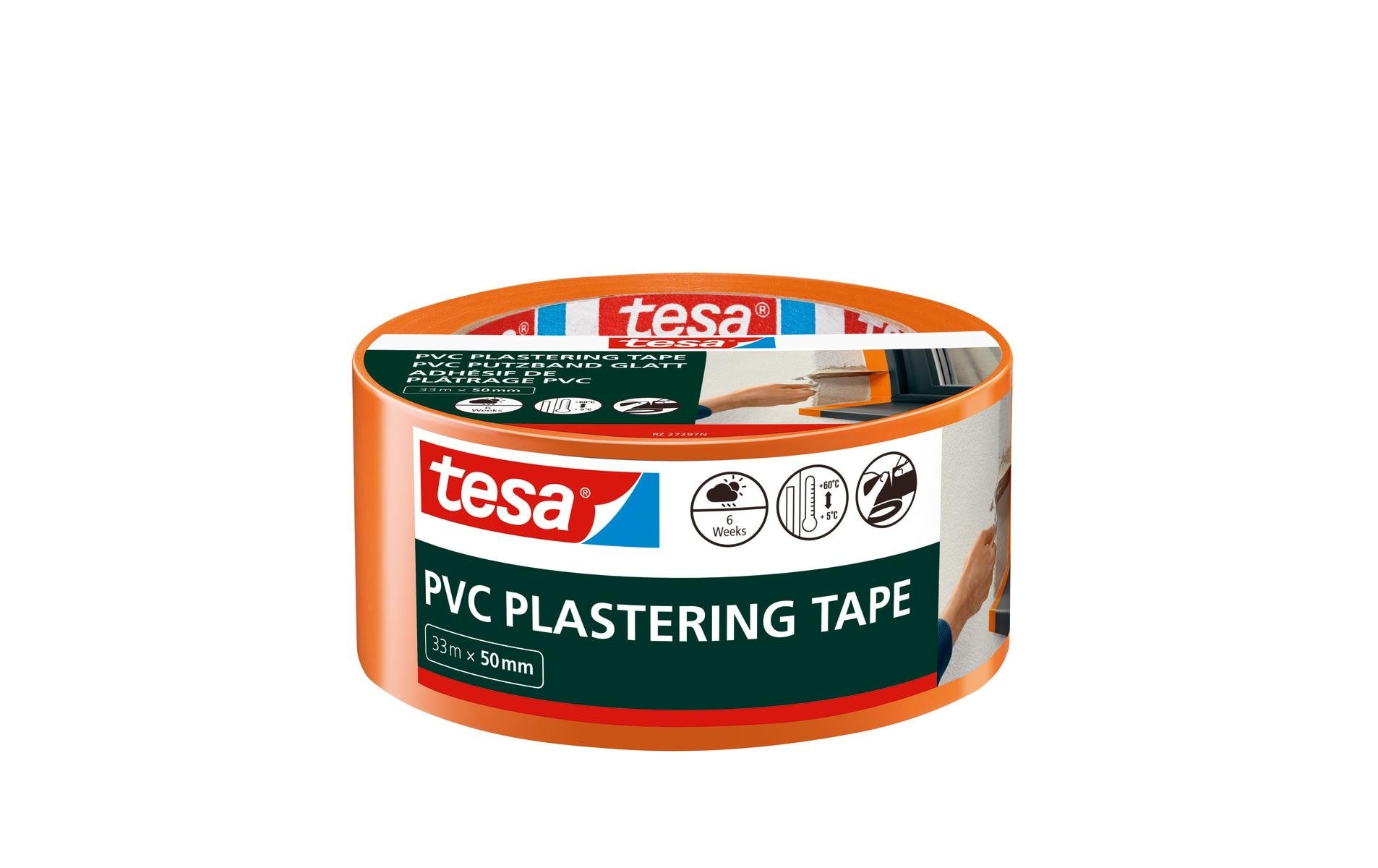 TESA Putzband, orange – 50 mm × 33 m, PVC, innen/aussen, temperaturbeständig bis 60 °C