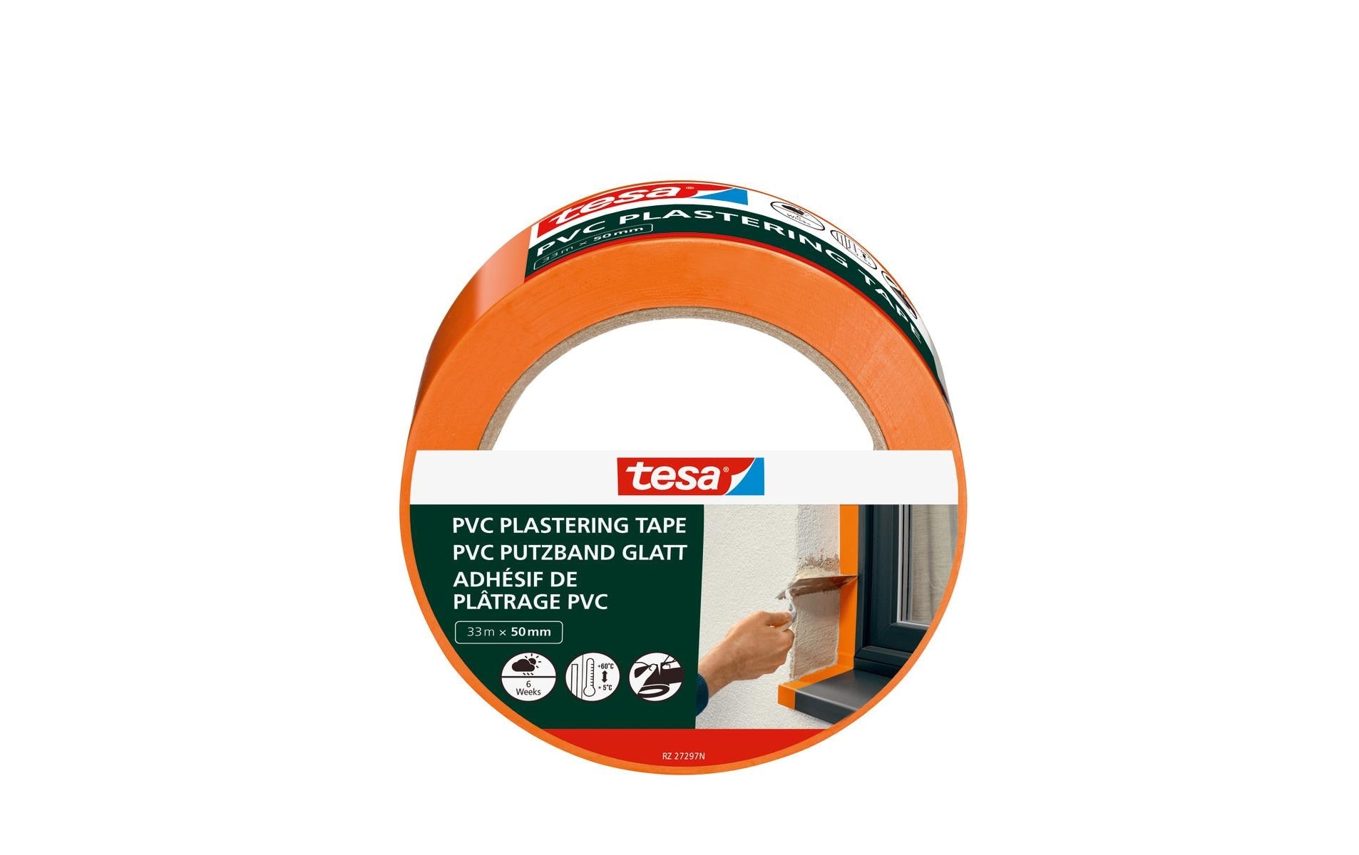TESA Putzband, orange – 50 mm × 33 m, PVC, innen/aussen, temperaturbeständig bis 60 °C
