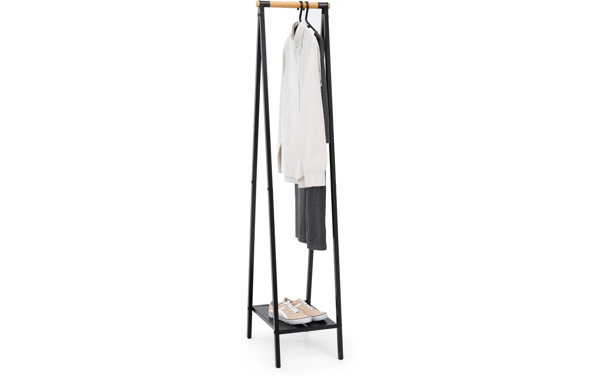 Brabantia Garderobenständer – mit Schuhhalter, Stahl/Holz, Schwarz, 34 × 47,6 × 170 cm