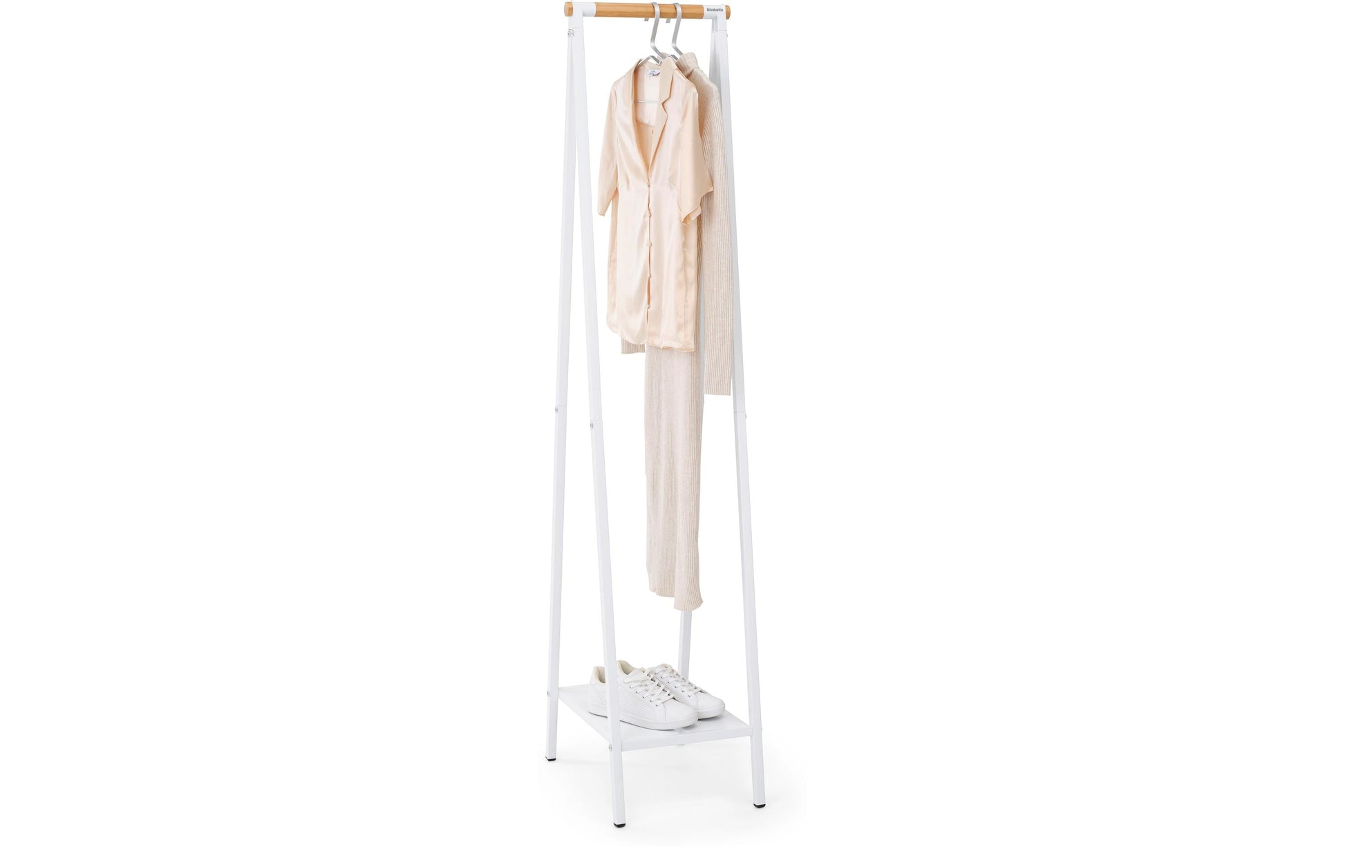 Brabantia Garderobenständer – mit Schuhhalter, Stahl/Holz, Weiss, 34 × 47,6 × 170 cm