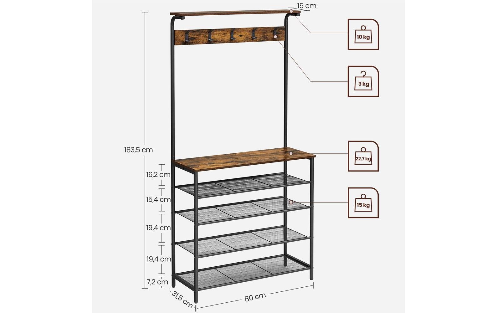 Vasagle Garderobe mit Schuhregal – 5 Haken, Spanplatte/Stahl, Braun/Schwarz, 80 × 31,5 × 183,5 cm