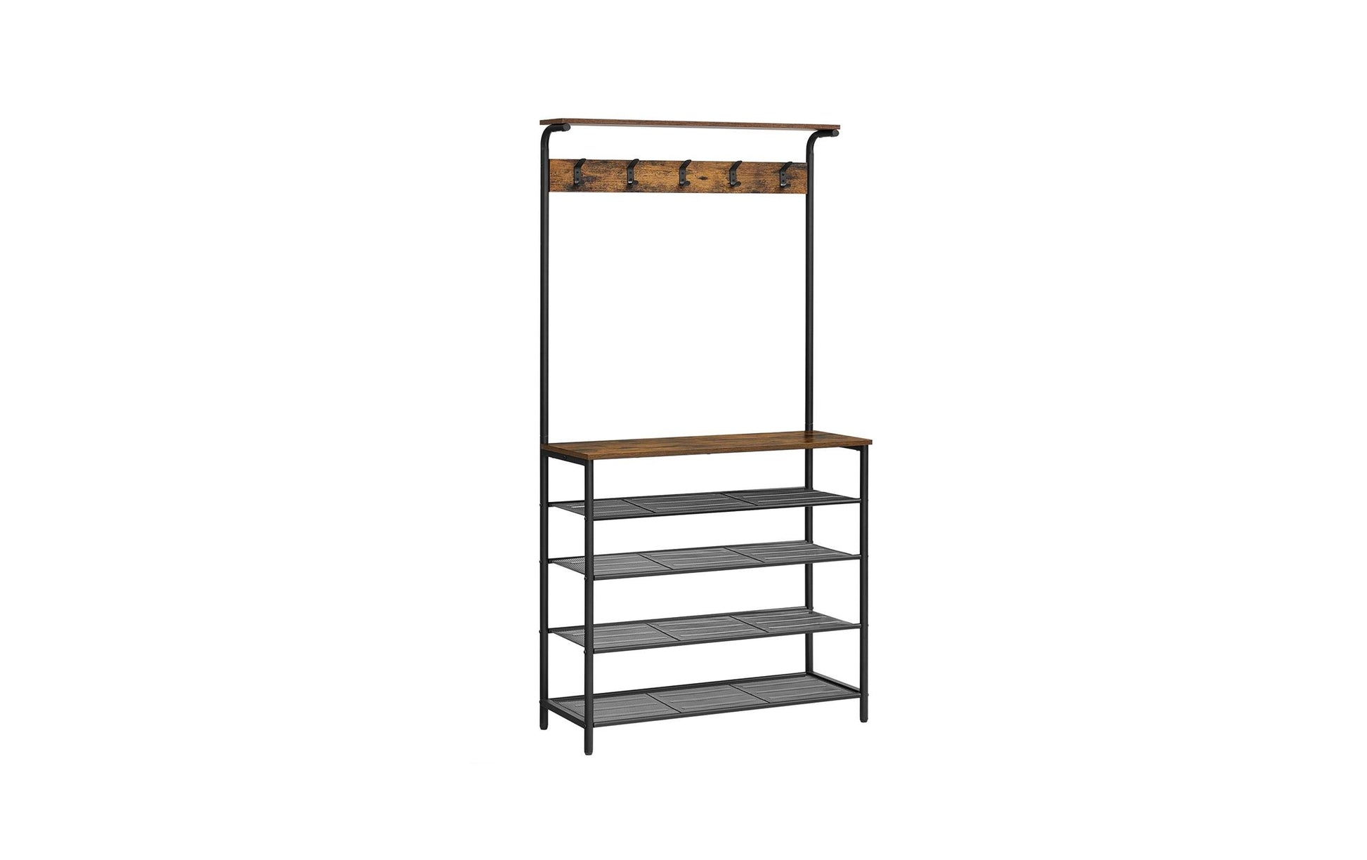 Vasagle Garderobe mit Schuhregal – 5 Haken, Spanplatte/Stahl, Braun/Schwarz, 80 × 31,5 × 183,5 cm
