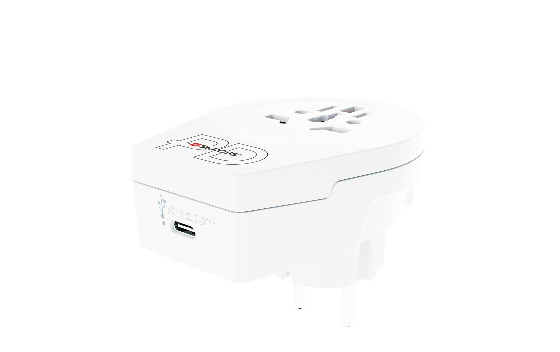 Skross Reiseadapter – Typ F → Universal (A/B/C/G/I/J/L/N), geerdet, weiss, 64×60×85 mm, 1× USB