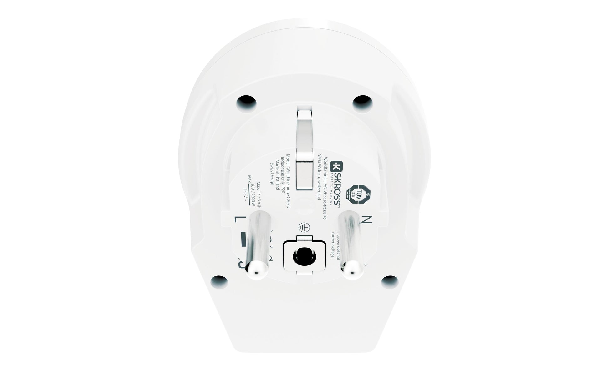Skross Reiseadapter – Typ F → Universal (A/B/C/G/I/J/L/N), geerdet, weiss, 64×60×85 mm, 1× USB