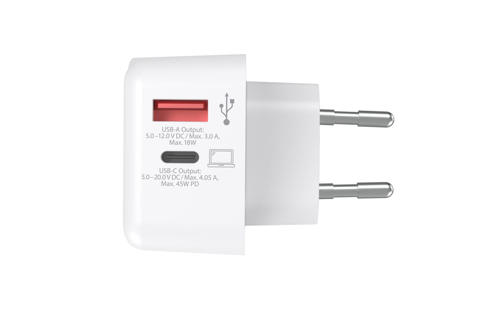 Skross AC45PD USB-Ladegerät 45 W – USB-C×1, USB-A×1 – PD, GaN – EU-Stecker (Typ C) – Weiss