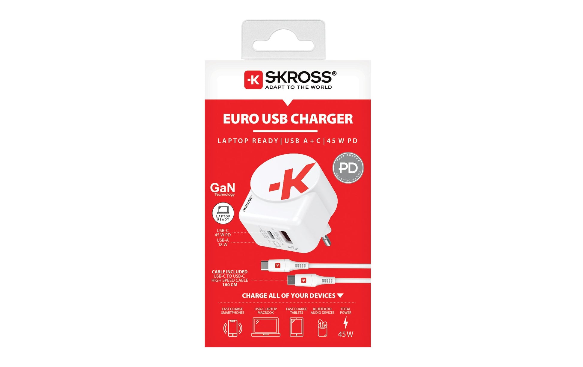 Skross AC45PD USB-Ladegerät 45 W – USB-C×1, USB-A×1 – PD, GaN – EU-Stecker (Typ C) – Weiss